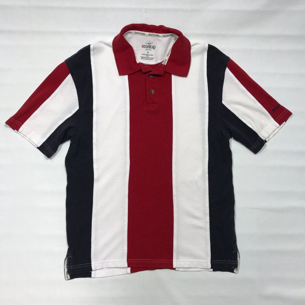 Redhead Bass Pro Shops VTG Y2K USA Red White Blue Striped Polo Shirt Mens SM